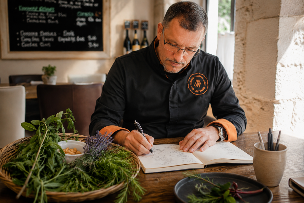 Le chef Alexis Busso rédige les inspirations des futurs menus de L'Inattendu, entouré d'herbes aromatiques fraîches dans le restaurant gastronomique à Grenoble.